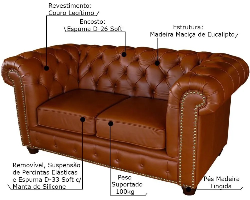Sofá 2 Lugares Sala de Estar Chesterfield com Pés Madeira Couro Conhaque Brilho G40 - Gran Belo