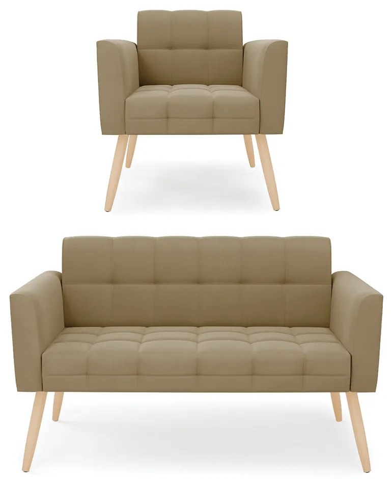 Kit 1 Sofá Namoradeira e 1 Poltrona Elisa Suede Pés Palito Natural - D'Rossi - Marrom Rato