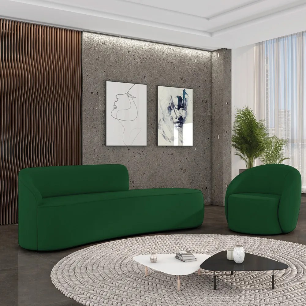 Sofá 4 Lugares Orgânico 220cm Morgan e Poltrona Lua Suede D03 - D'Rossi - Verde