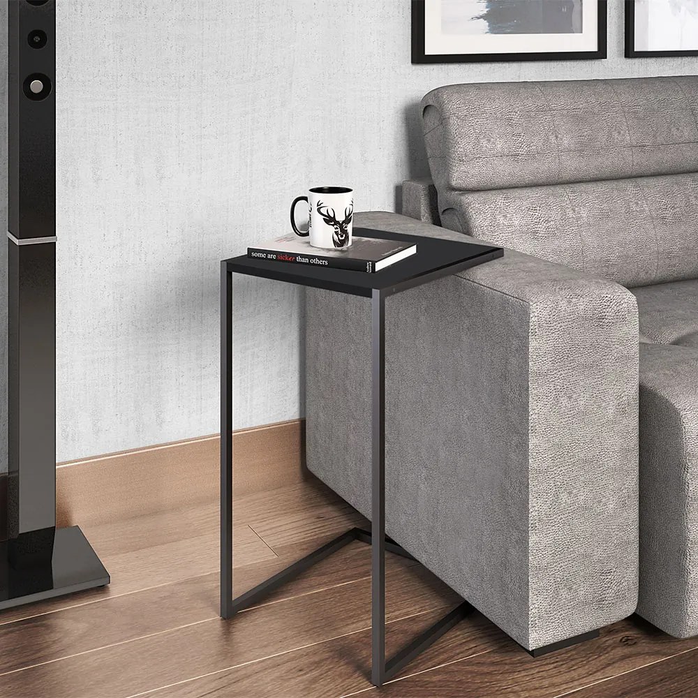 Mesa Lateral Multiuso Estilo Industrial Preto Base Metálica Preto A05 - D'Rossi