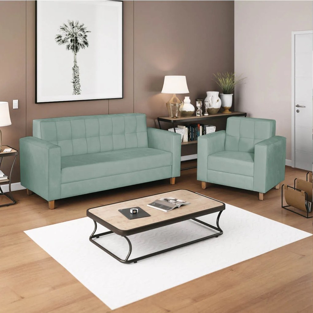 Kit Sofá 2 Lugares e 2 Poltronas Denver Suede Azul Tiffany - ADJ Decor