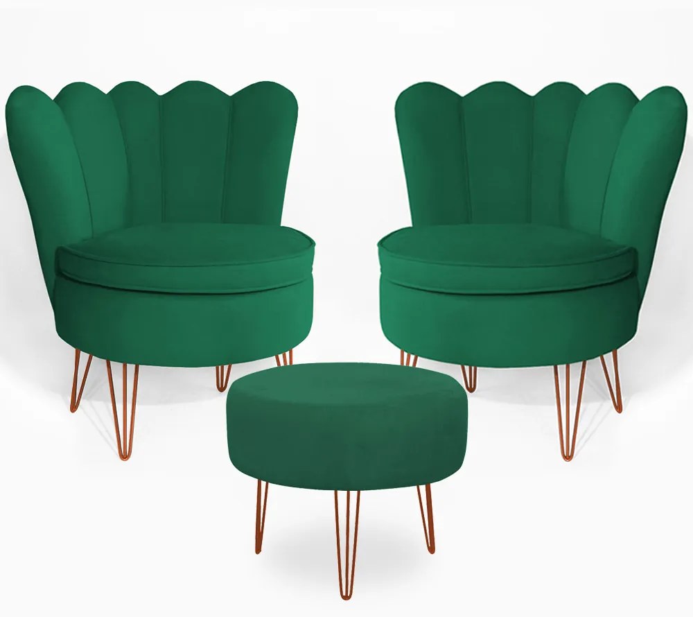 Conjunto 2 Poltrona Dália com Puff Chloe Pés Hairpin Legs Bronze Veludo Verde Bandeira
