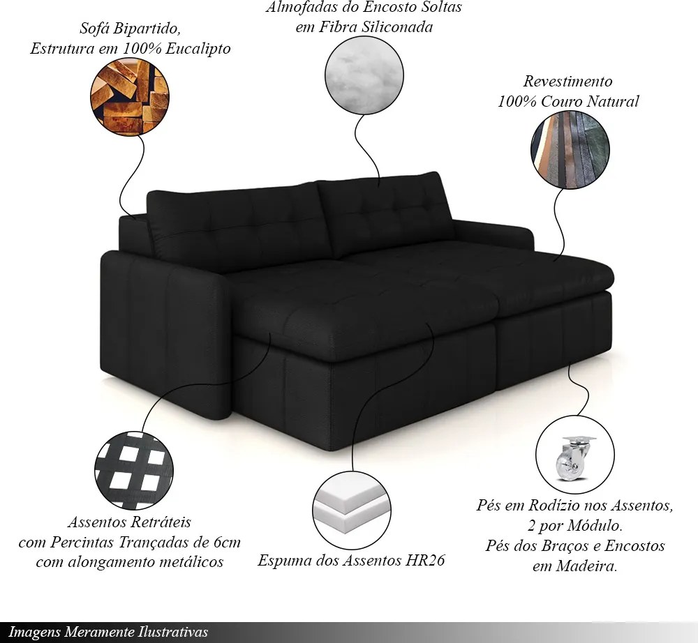 Sofá Retrátil Bipartido Sala de Estar Belém 184cm Couro Preto G52 - Gran Belo