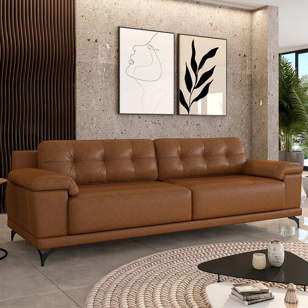 Sofá Living 3 lugares 215cm Agostino Pés Design em Ferro Couro Caramelo Manchado G52 - Gran Belo