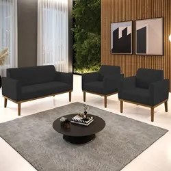 Sofá Namoradeira e 2 Poltronas Base Madeira Castanho Maressa Veludo Pr