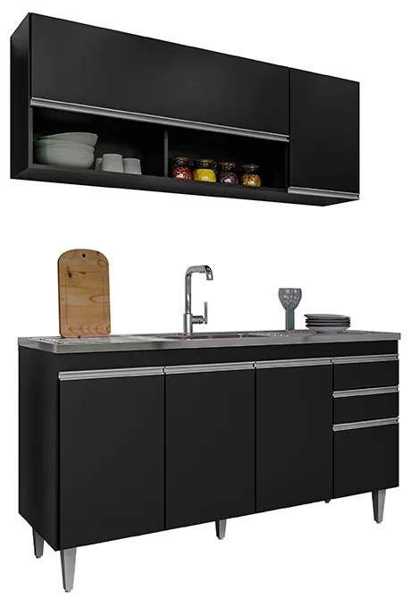 Conjunto Balcão de Cozinha para Pia Aéreo Dodoma MDP/BP Preto G96 - Gran Belo