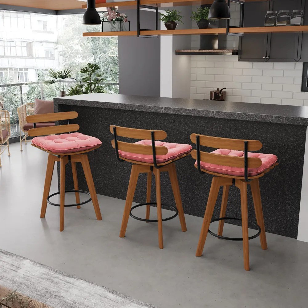 Banqueta Giratória Costela Suede Base Madeira MA70 - D'Rossi - Rose