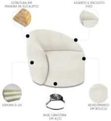 Poltrona Sala Giratória Redonda 91cm Steve Boucle Off White I01  - Mpo
