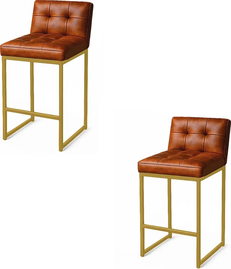 Banqueta Cozinha Alta com Encosto Industrial Kit 2 Dourado Lirina PU C05 - D'Rossi - Nozes