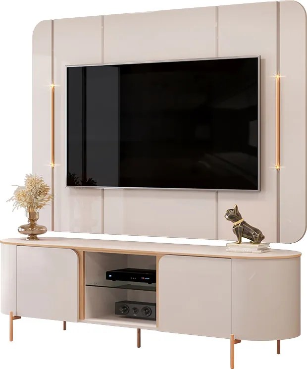 Painel e Bancada TV 65" 2 Portas Deep Luminárias Douradas Pés Metálicos OffWhite G18 - Gran Belo