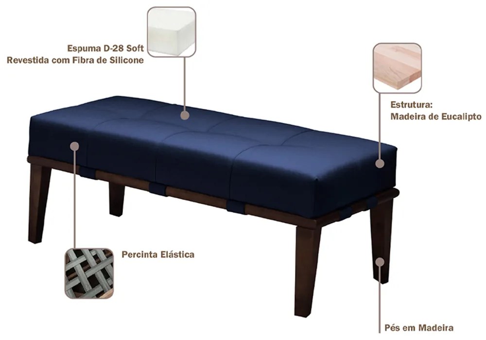 Puff Decorativo 100cm Martínez Veludo Pés Madeira Azul/Imbúia G62 - Gran Belo