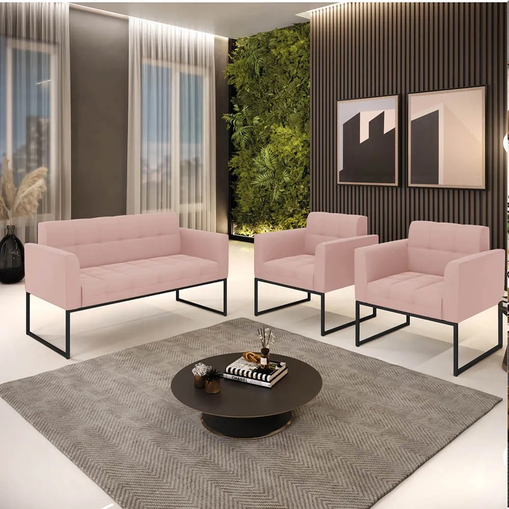 Kit 1 Sofá Namoradeira e 2 Poltronas Elisa Veludo Rosê Base Metálica Industrial Preto D03 - D'Rossi