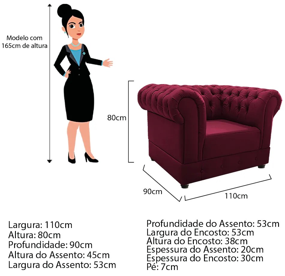 Kit Poltrona e Namoradeira Chesterfield Ana Suede Bordô - ADJ Decor