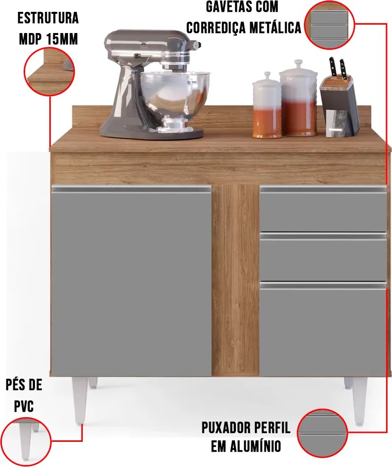 Balcão de Cozinha Lavanderia com Tampo 02 Gavetas Bia 100 cm L06 - D'Rossi - Castanho e Cinza