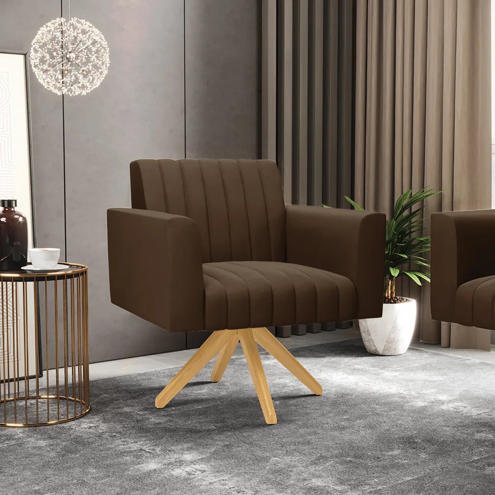 Kit 2 Poltronas Giratória Viena Gomada Suede Base de Madeira MA30 - D'Rossi - Marrom
