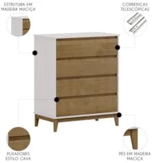 Cômoda Para Quarto 81cm 4 Gavetas Solvi Off White/Freijó F07 - Mpozena