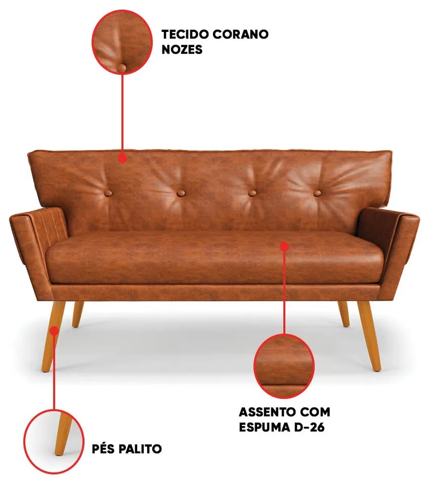 Sofá Namoradeira e Poltrona Pé Palito Madeira Anitta Sintético PU Nozes D03 - D'Rossi