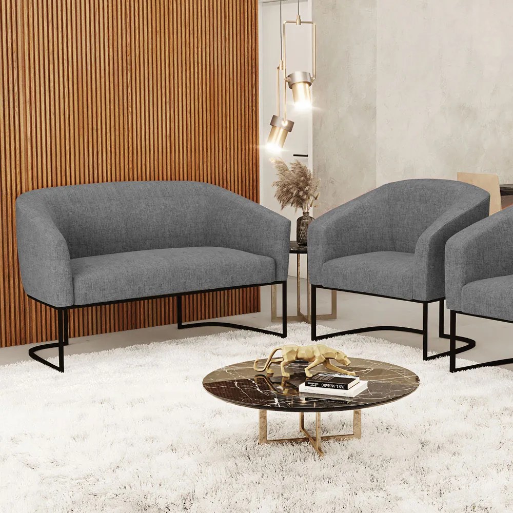 Sofá Namoradeira e Poltrona Base Industrial Preto Stella Linho D03 - D'Rossi - A26 Gafite