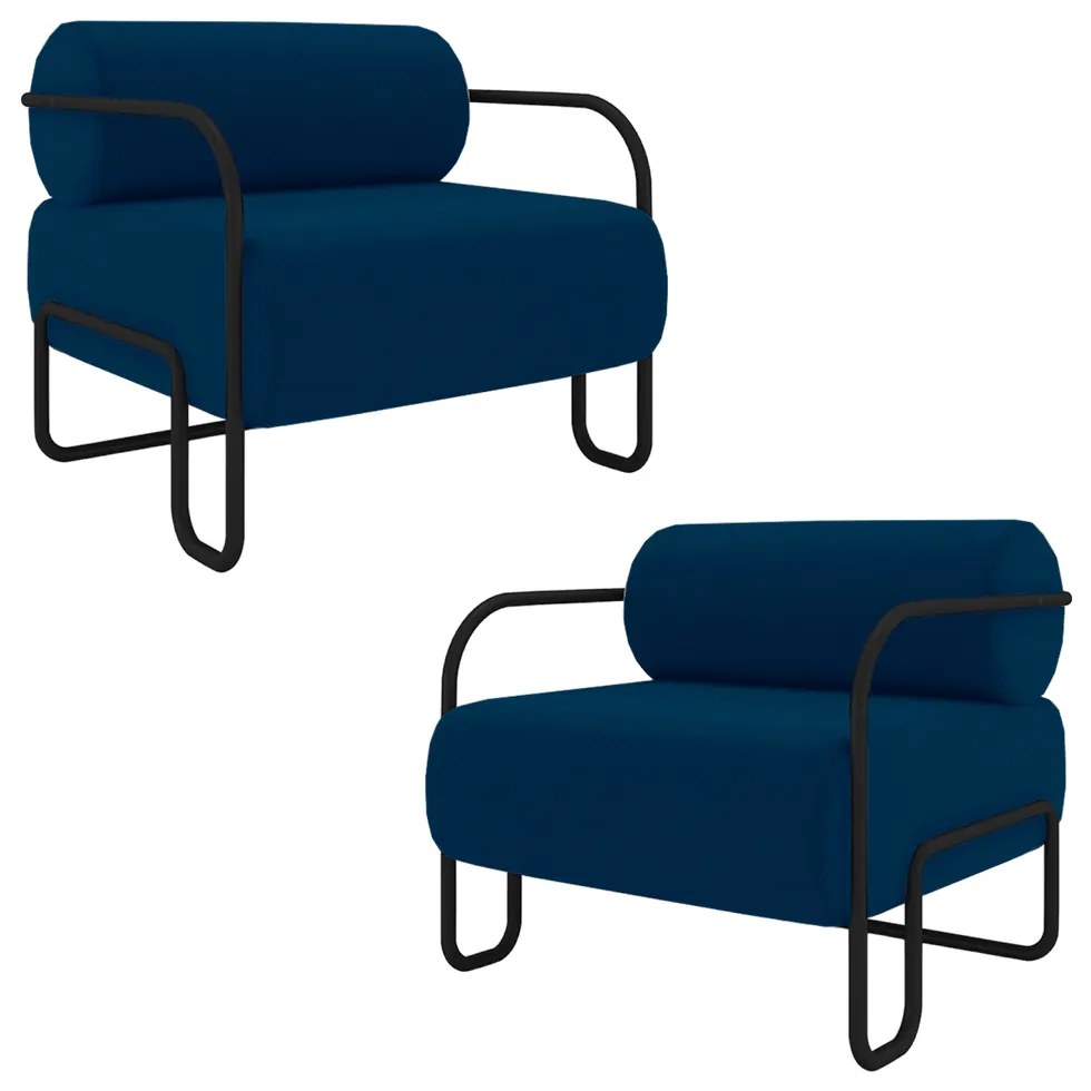 Kit 2 Poltronas Decorativas Sala de Estar Polatsk Base Industrial de Ferro Veludo Azul G33 - Gran Belo