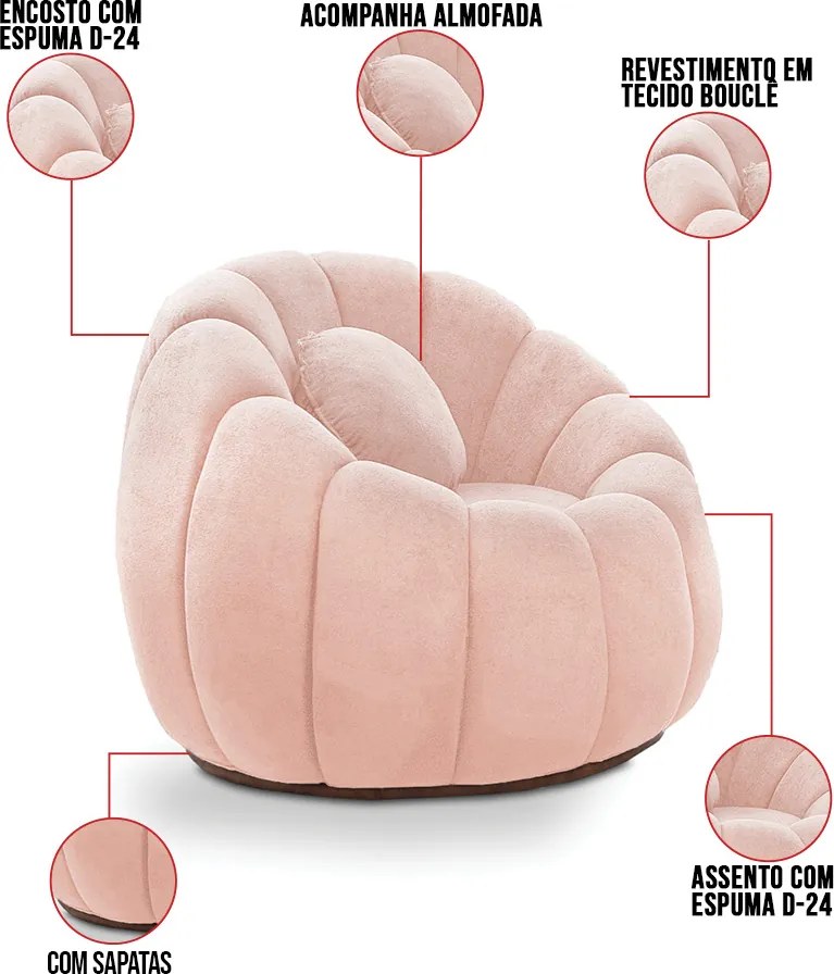 Sofá 2 Lugares com Puff e Poltrona Orgânica Fixa Cloud Bouclê E03 - D'Rossi - Rose
