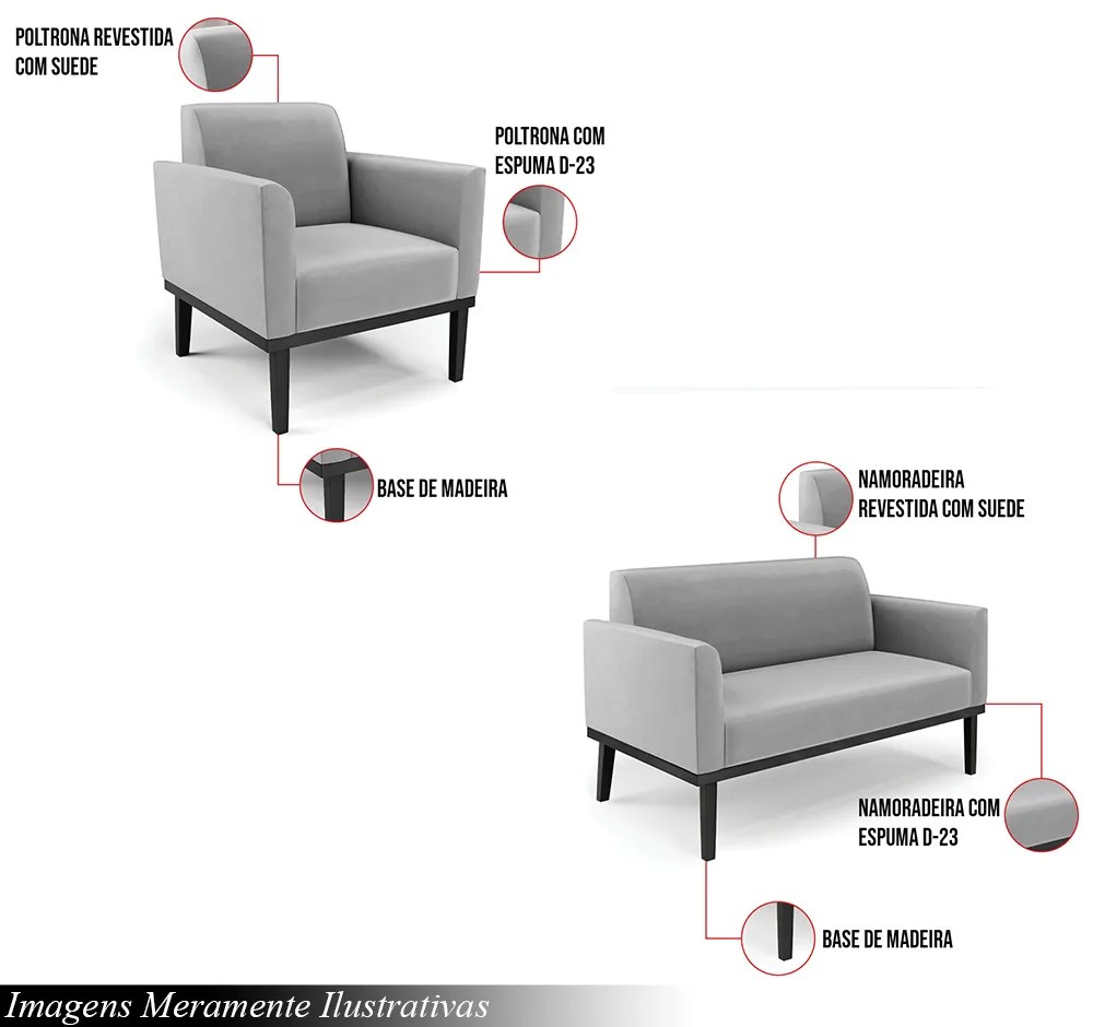 Conjunto Poltrona e Namoradeira Decorativa Isabella Pés Fixo em Madeira Preto Suede Cinza G19 - Gran Belo