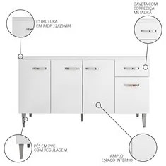 Balcão Gabinete Para Pia Sem Tampo 150cm 4 Portas e 1 Gaveta Flex Gabr