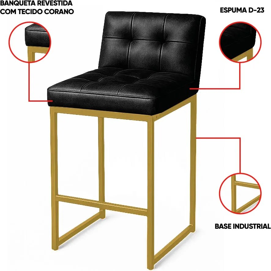 Banqueta Cozinha Alta com Encosto Industrial Kit 3 Dourado Lirina PU Preto C05 - D'Rossi