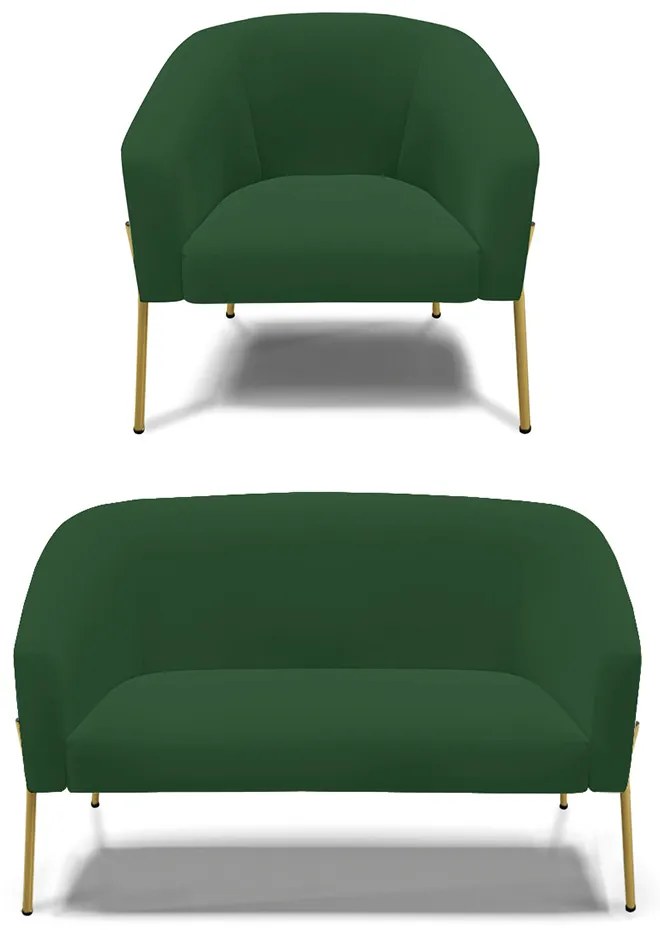Sofá Namoradeira e Poltrona Pé de Ferro Dourado Stella Veludo D03 - D'Rossi - Verde