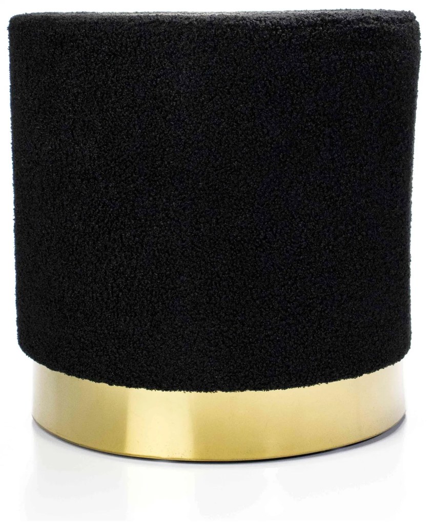 Puff Decorativo Redondo Tayla em Bouclê Preto com Detalhe Dourado na Base 40 cm - D'Rossi
