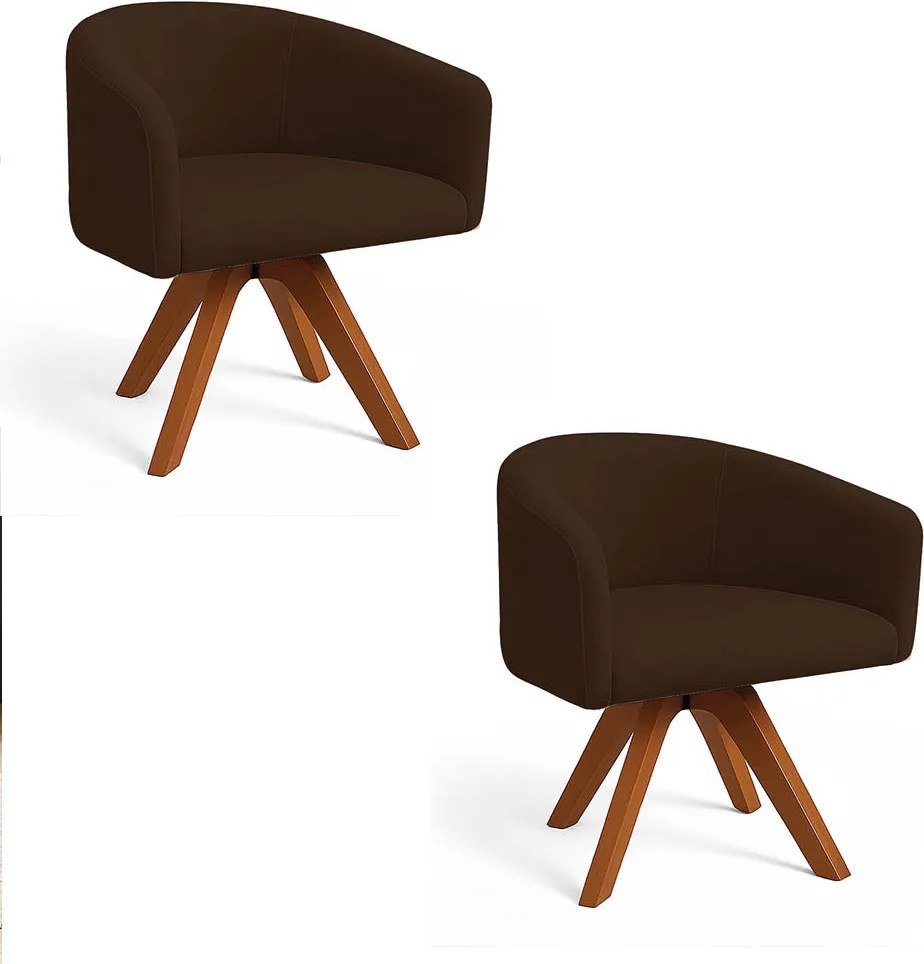 Poltrona Sala Base Giratória Madeira Kit 2 Arielle Suede Marrom D03 - D'Rossi