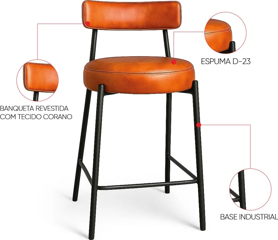 Banqueta Cozinha Alta com Encosto Industrial Preto Kit 6 Londres PU D03 - D'Rossi - Nozes