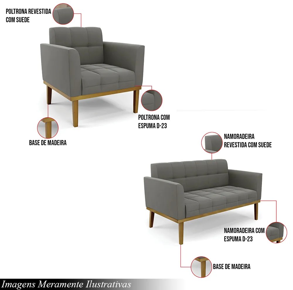 Conjunto 2 Poltronas e 1 Namoradeira Decorativa Karen Pés Fixo em Madeira Castanho Suede Grafite G19 - Gran Belo