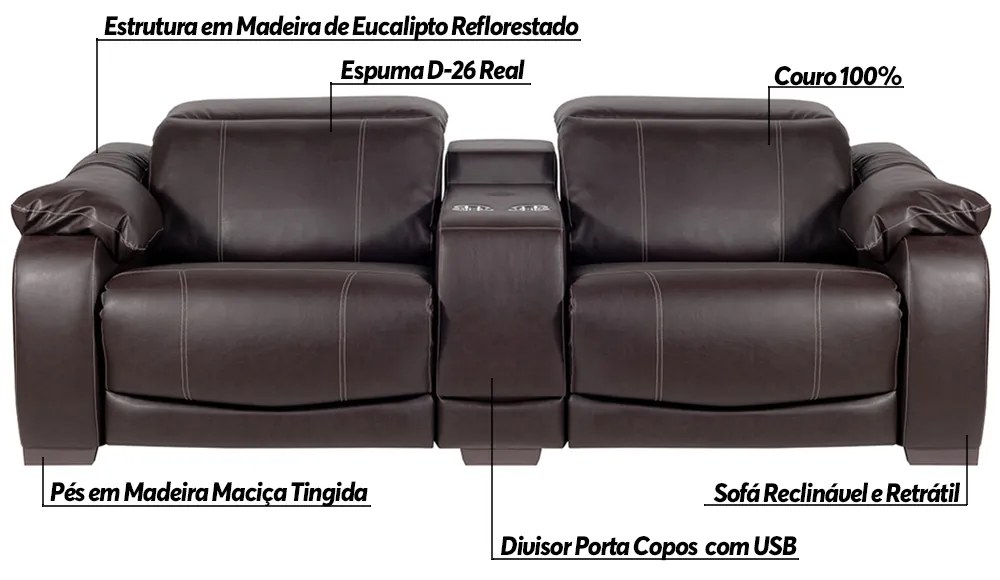 Sofá Elétrico Reclinável e Retrátil 2 Lugares com Porta Copos Affection Couro Marrom G34 - Gran Belo