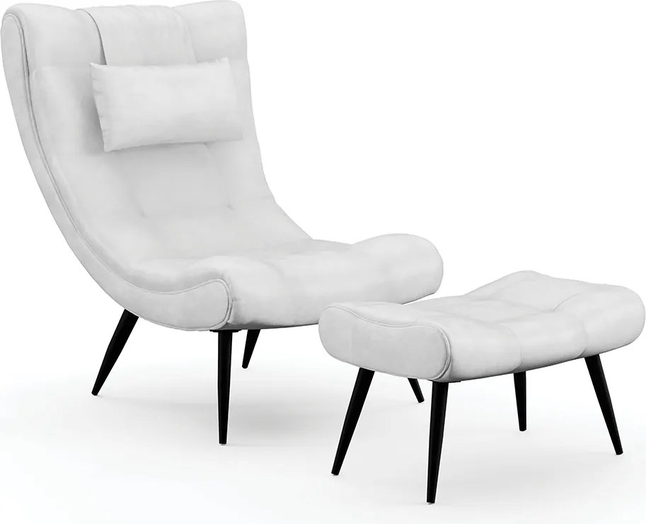 Conjunto Poltrona e Puff Decorativo Sala de Estar Pés Palito Letty PU Branco G19 - Gran Belo
