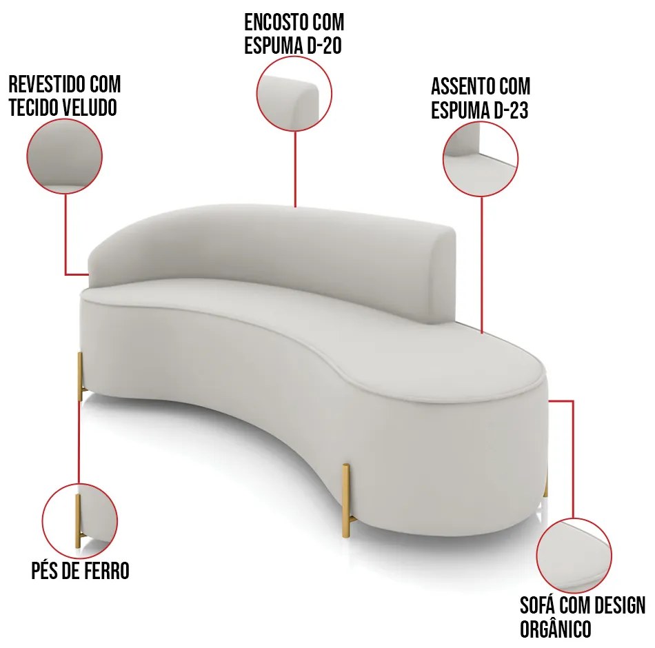 Sofá 4 Lugares Orgânico 220cm Pé Dourado Morgan Veludo D03 - D'Rossi - Cinza