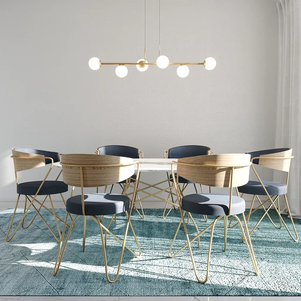 Pendente Six Retângular 124X25,5X27Cm Alumínio E Globo Ø12Cm Fosco 6Xg... (COBRE, FOSCO)