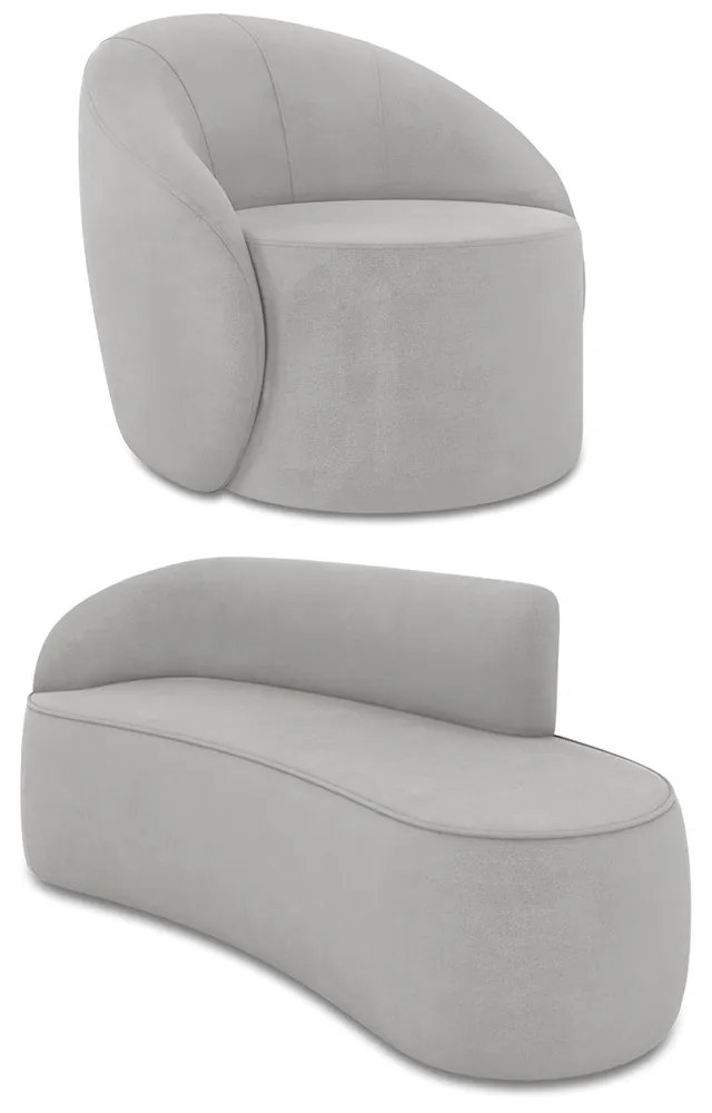 Sofá 3 Lugares Orgânico 180cm Morgan e Poltrona Lua Suede Cinza
