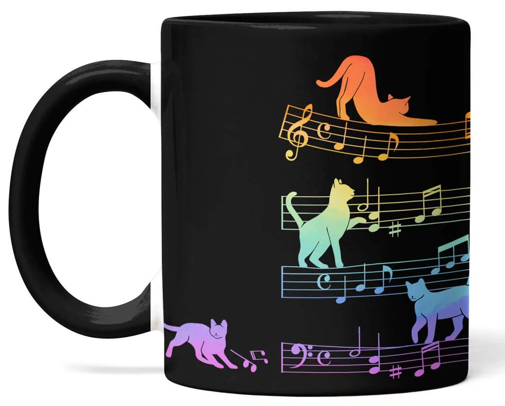 Caneca Gato Musical Arco Iris Cat Lover Preta com Alça Preto