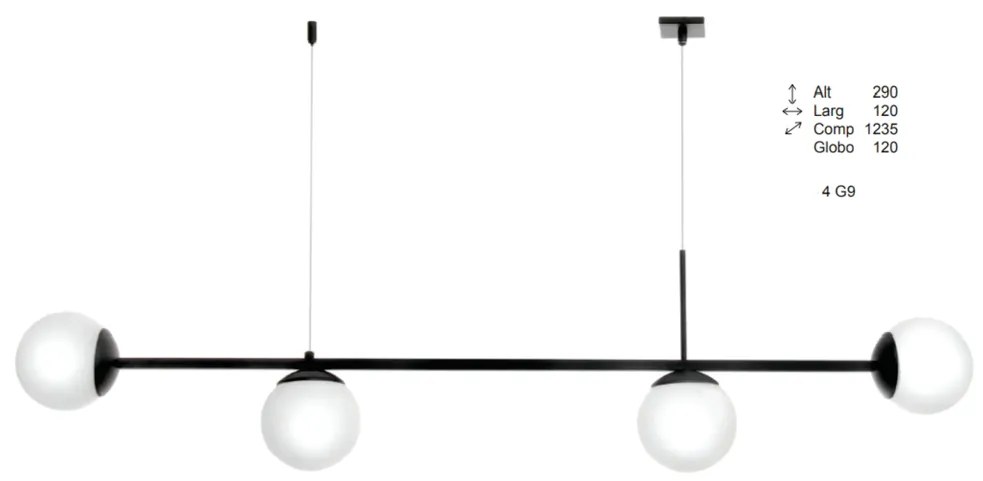 Pendente Tooren Retangular Barra Reta 123,5X12X29Cm Globo Ø12Cm 04Xg9... (PRETO, CLEAR (Transparente))