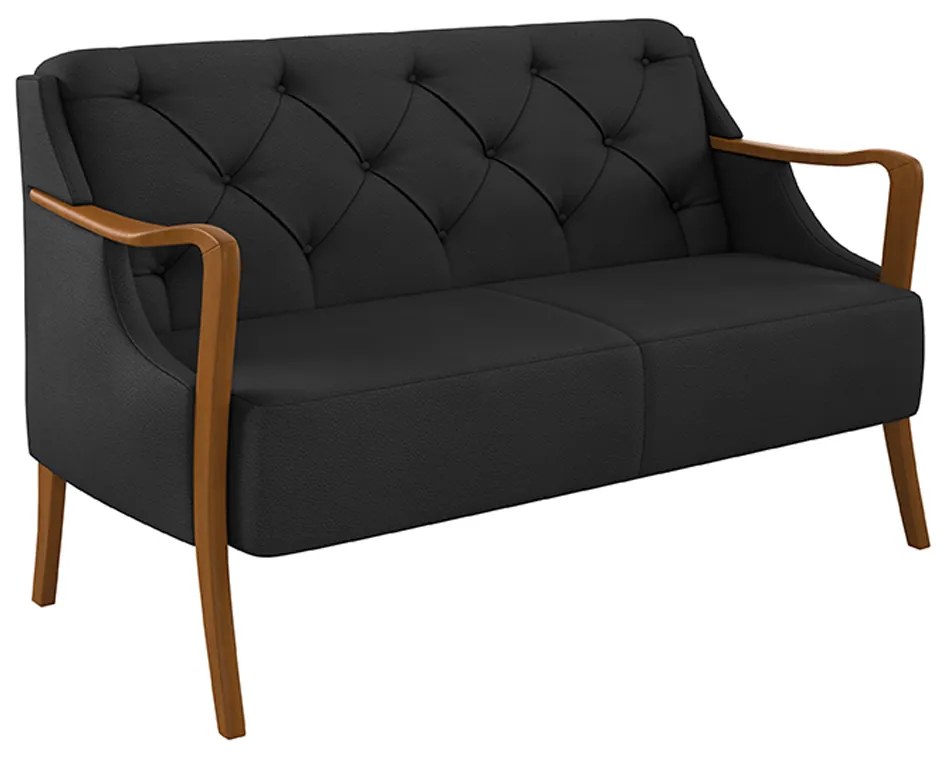 Poltrona Namoradeira Decorativa 2 Lugares Braços em Madeira Hand PU Preto G45 - Gran Belo