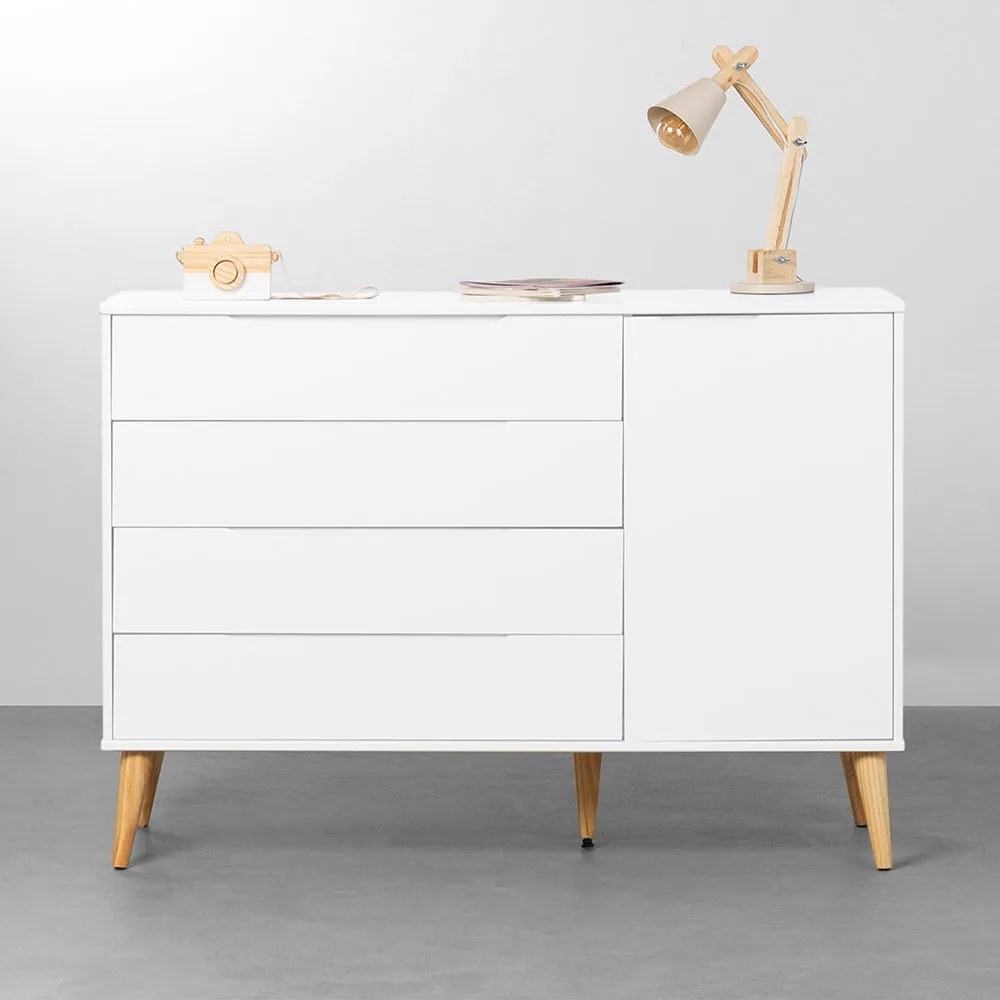 Cômoda Elfe 4 Gavetas e 1 Porta com Pés Retrô Natural – Branco Fosco