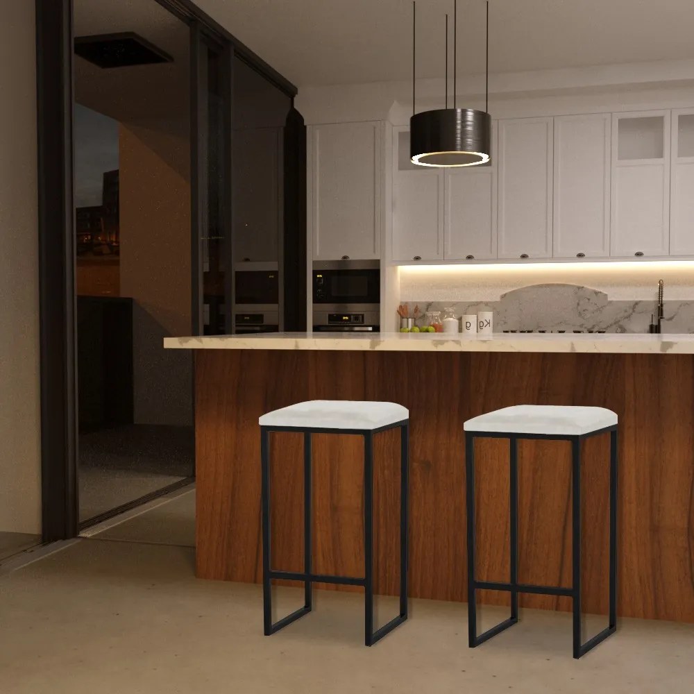 Kit 2 Banqueta Decorativa Billie Base Preta Suede Bege G41 - Gran Belo