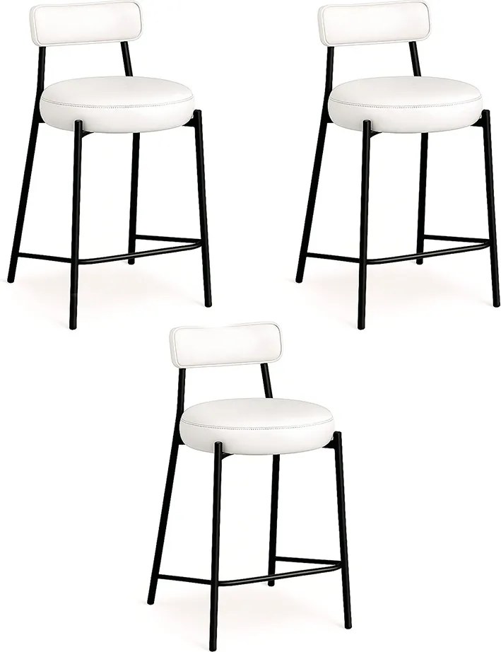 Banqueta Cozinha Alta com Encosto Industrial Preto Kit 3 Londres PU D03 - D'Rossi - Branco