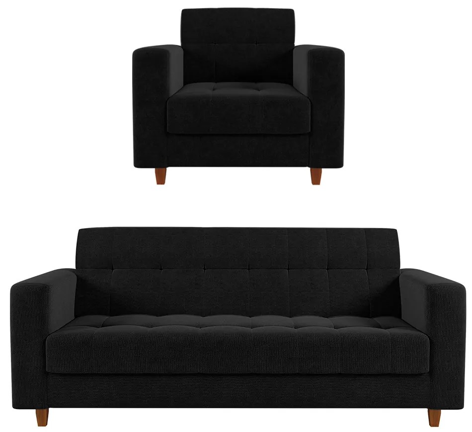 Kit 01 Sofá 03 Lugares e 01 Poltrona Arezzo Linho Preto A79 Pés Chanfrado Castanho - D'Rossi