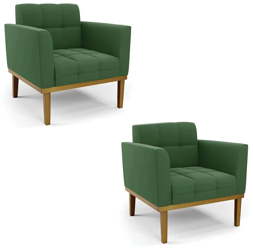 Kit 2 Poltronas Decorativas Karen Pés Fixo em Madeira Castanho Suede Verde G19 - Gran Belo