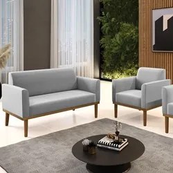 Sofá Namoradeira e 1 Poltrona Base Madeira Castanho Maressa Suede Cinz