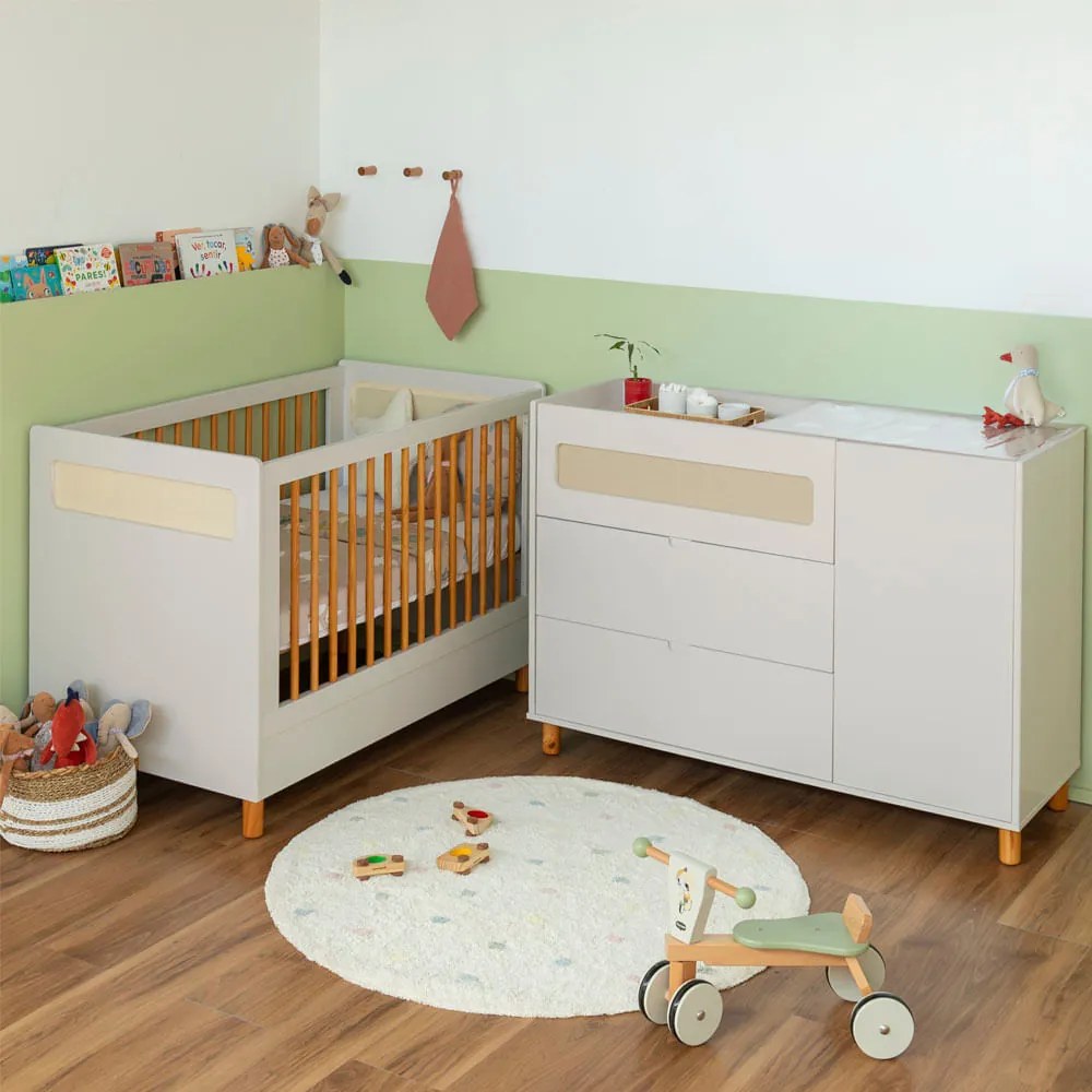 Kit Quarto Infantil Ollie - Berço Mini Cama + Cômoda 3 Gavetas e 1 Porta - Areia Fosco