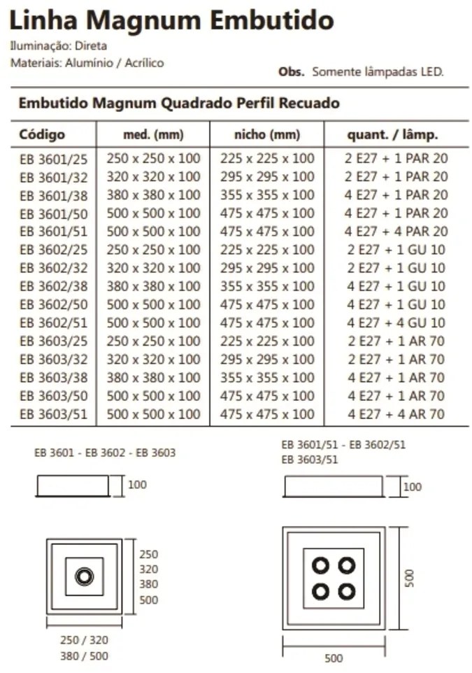 Luminária De Embutir Magnum Quadrado 32X32X10Cm 2L E27 + 01 Par20 | Us... (FN-F - Fendi Fosco)