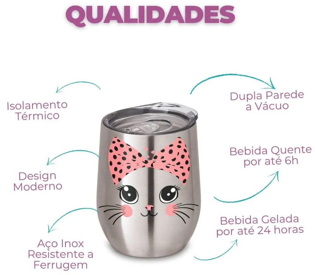 Copo Inox Corpo Duplo 400 ml Fosco Gatinha Miau - Cromado