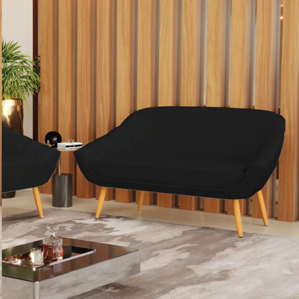 Namoradeira 02 Lugares Giovana Linho Pés Palito Castanho - Indo Decorar - A79 Preto